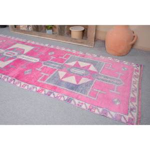 Modern Vintage Turkish Rug 3.4 X 11.6 ft <b>Pink</b> <b>Wool</b> Seagrass Abstract Pattern Large Area Rectangle Hallway Design New for Rooms - Product Image 2