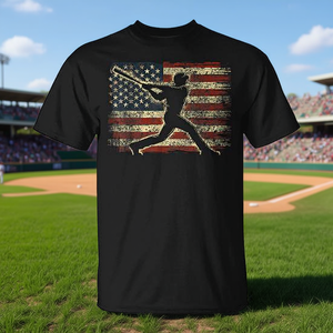 T-shirt promotionnel de baseball américain avec motif joueur de baseball et drapeau américain - Product Image 3