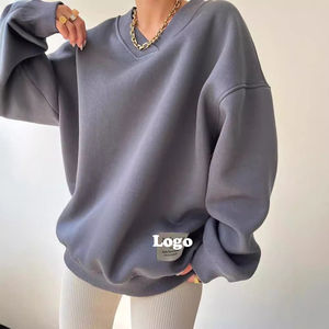 Oversized Pullover <b>Crewneck</b> Plus Size Women's Winter Sweatshirt Fleece Cotton Custom Plain Drop Shoulder V Neck Front Logo - Product Image 2