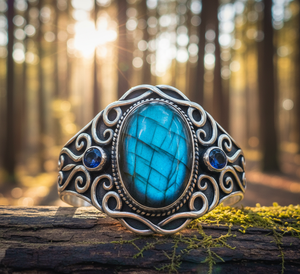 Rudra Gems Handcrafted Natural <b>Labradorite</b> Cabochon High Quality Tibetan Silver Beaded <b>Bracelets</b> 14K Gold Plated Men's Bohemian - Product Image 2