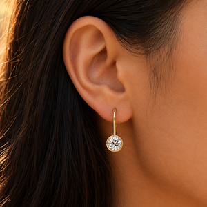 14K Pure Gold bezel set Round Cut lab grown diamond studs IGI Certified Minimalist Dangle Hook Earrings Fine Engagement Jewelry - Product Image 3