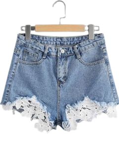 Blue Denim Lace Trim Shorts <b>Women</b> Summer High <b>Waist</b> Casual Flower Embroidery Distressed <b>Jean</b> Shorts Trendy Fashion Wear - Product Image 1