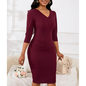 Sólido ceñido al cuerpo lápiz Midi tendencia de alta calidad para mujer verano acanalado tejido manga larga cuello cuadrado vestido sin mangas - Product Image 2