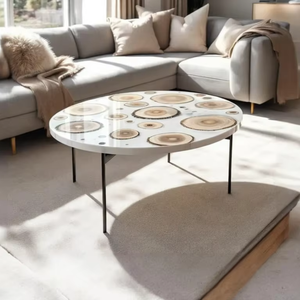 Mesa de Comedor de Arte de Madera de Acacia y Resina Hecha a Mano, Moderna y de Lujo, Impermeable, para Sala de Estar, Bodas, Jubilación, Condolencias, Diwali - Product Image 1