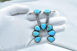 Kingman Turquoise Squash Blossom Necklace In Sterling <b>Silver</b> With <b>20</b> <b>Inch</b> Adjustable <b>Chain</b> Handmade Jewelry - Product Image 5