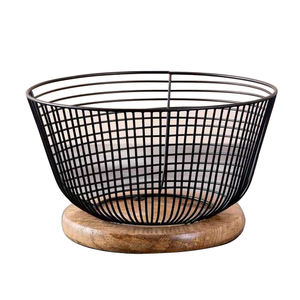 Panier de rangement pour fruits en fil de fer, très tendance, avec finition noire thermolaquée et cadre en bois, pour utilisation sur comptoir de cuisine - Product Image 1