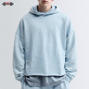 Blank 100% <b>Cotton</b> Drop Shoulder Fleece Cut Sew Winter Hoodie Streetwear Vintage Wash <b>Raw</b> Hem Cropped Regular Fit 300g - Product Image 2