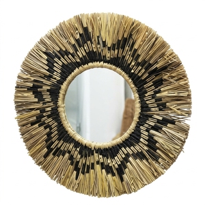 Miroir mural en macramé naturel Mendong, noir, motif aztèque, franges, soleil, rond, suspendu, pour vanité, décoration artistique pure, artisanat, pour la décoration de chambre - Product Image 1