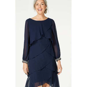 S.L. Abito da donna in chiffon a balze a maniche lunghe, taglia 18, blu navy, con vita naturale, modello A-Line - Product Image 2