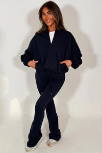 Wholesale Premium Navy Women's Plus Size Casual Solid 2-Piece Zip <b>Bell</b> Bottom Breathable Polyester/Cotton Fleece Tracksuit Set - Product Image 3