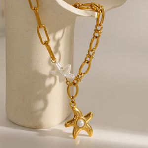 High Quality 18K <b>Gold</b> Plated 304 Stainless Steel <b>Cross</b> Round Starfish Cuban Paperclip Chain Pendant <b>Necklace</b> Designed for Women - Product Image 2