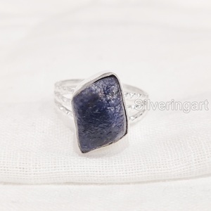 Joyería de piedra en bruto Anillo de mujer Natural Raw Blue Sapphire Gemstone September Birthstone Doted Band Anillo de plata esterlina 925 - Product Image 3