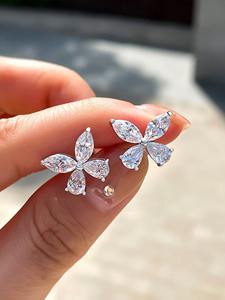 Flower Shape Marquise Cut Zircon <b>Stud</b> <b>Earrings</b> 925 Silver Women's Romantic Everyday Wear Jewelry - Product Image 1