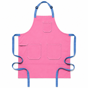 Tablier rose avec bretelles bleues, taille ajustable, 3 poches, en coton tissé, écologique, classique, pour la cuisine quotidienne - Product Image 1
