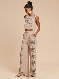 Ensemble de vêtements d'été en coton pur pour femmes, décontracté, uni, à manches courtes, long, 2 pièces, pour l'exportation en gros - Product Image 3