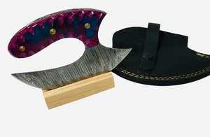 Couteau Ulu artisanal Edge Master Manufacture, lame en acier Damas torsadé de 3 mm d'épaisseur, manche en bois multi-épaisseurs, étui en cuir, 6 pouces - Product Image 5