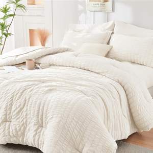 Ensemble de couette beige Twin Queen King Seersucker 7 pièces ensemble de literie toutes saisons avec couettes, draps, taies d'oreiller, taies d'oreiller - Product Image 1