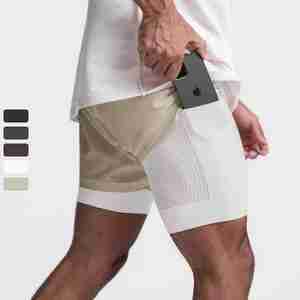 Short de gym 2 en 1 personnalisé de haute qualité pour hommes, short de sport de couleur unie avec poche zippée pour la course à pied pour hommes, short de fitness 2 en 1 - Product Image 2