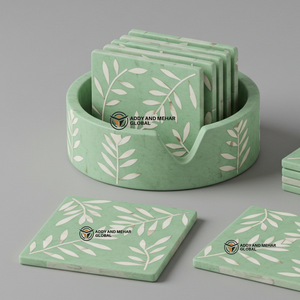 Indian Supplier Offers Handmade Green & White Bone Inlay <b>Coaster</b> Set with Holder Floral Pattern <b>Drink</b> <b>Coasters</b> - Product Image 3