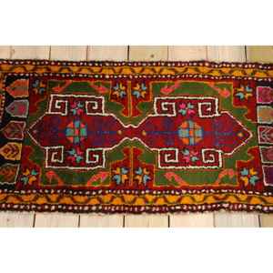 พรมวินเทจตุรกีขนาดเล็ก 1.7x3.7 ฟุต พรมขนสัตว์สีแดง - Product Image 2