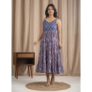 Vestido largo de algodón Mulmul azul con tirantes, estampado a mano, estilo gótico casual, transpirable, talla XS, ideal para fiestas de verano. - Product Image 4