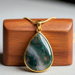 Vente chaude 925 Sterling Silver Dainty Chaîne Bohème Mousse Agate Goutte Forme Pendentif 18K Or Guérison Cristal À La Mode - Product Image 4