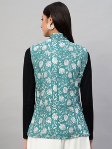 Femmes beau coton indien main bloc imprimé Kantha vestes Designer réversible demi manches matelassé hiver automne Floral - Product Image 4