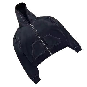 Personnalisé Hommes Lourd 100% Coton Double Zip Hoodies Haute Qualité Soleil Délavé Lavage Sweats Strass Hommes Zipper Hoodie - Product Image 5