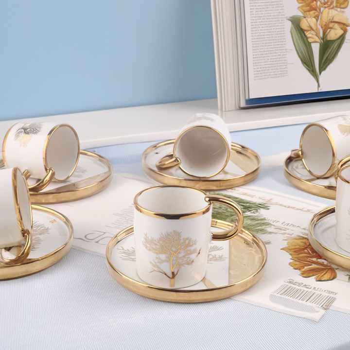 Violet 6 Person Tree of Life Patterned Gold Gilded Porcelain Coffee Cup Set White