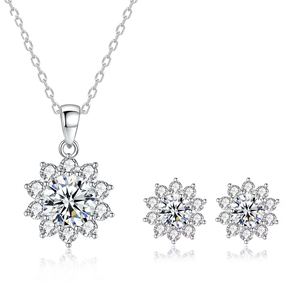 Ensemble collier et boucles d'oreilles en moissanite argentée ronde scintillante en forme de flocon de neige pour les occasions de mariage - Product Image 1