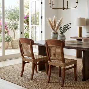 Solid Wood Woven Rattan <b>Cane</b> Dining <b>Chair</b> Curved Backrest Natural Finish Outdoor Patio Side Armless <b>Chair</b> Setup Art Decor - Product Image 2