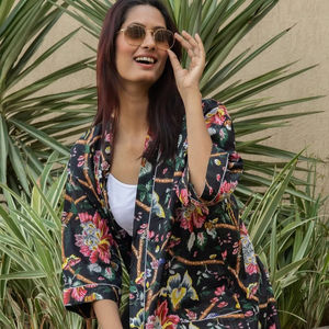 Kaftan traditionnel en coton imprimé bloc à la main pour femme Style bohème avec dentelle et bouton décor à manches - Product Image 1