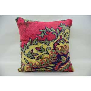 Coussin en laine patchwork multicolore 16x16 pouces Coussin décoratif avec impression florale Technique tissée Style portable - Product Image 1