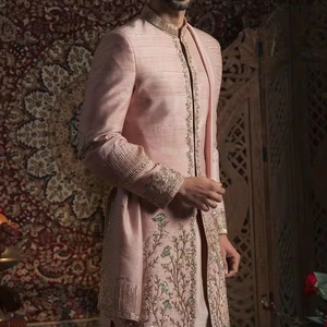 2024 Stylish Groom Pink Sherwani <b>Pant</b> with Beautiful Zari Embroidery Custom Embellished with Crystal Glass Beads Dabka Work - Product Image 1