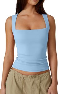 Camisetas básicas ajustadas de punto para mujer, camisetas sin mangas de doble capa con cuello cuadrado, estilo Simple transpirable para prendas de vestir de otoño - Product Image 6