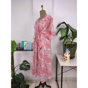Boho Style <b>Kaftan</b> Dress Indian Handprinted Salmon Pink Floral Blossom Breathable Lightweight Cotton Swimsuit Cover Ups - Product Image 4
