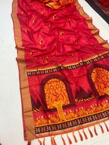 Sari de seda tejida a mano cruda para mujer estilo tradicional con rico Palau Gold Dari Border blusa de contraste liso venta en línea - Product Image 4