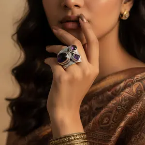 Anillo Boho de Plata de Ley 925 para Mujer, Joyería Fina con Gema de Amatista Tallada, Material de Platino para Promesas - Product Image 1