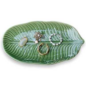 Stylish Leaf Ceramic Jewellery for <b>Ring</b> Bracelet and Neckless Tray Green Color Modern Trays for Nightstand Entryway Table Vanity - Product Image 1