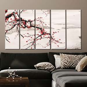 Arte de pared en lienzo con diseño de rama de flor de cerezo: Impresión de naturaleza oriental tranquila, 5P: Gallery Wrapped - Product Image 1
