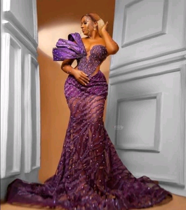 Vestido de Noche Largo con Cintura Natural, Abertura Lateral, Encaje Africano, Silueta de Sirena, Adornado con Cuentas, para Bodas y Ocasiones Especiales - Nupcial - Product Image 1