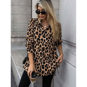 Women'<b>s</b> Long-Sleeved Collared Button-Front, Side-Tie Leopard Print Modal <b>Blouse</b>, 30331 - Leopard - Product Image 3