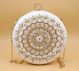 Handmade Custom Round Shape Clutch for Wedding Luxury Fashion Embroidered Clutch Bag in Crystal <b>Fabric</b> Silk with Frame Pattern - Product Image 4