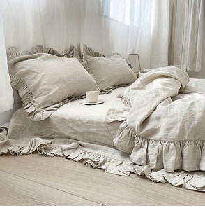 Juego de 3 Fundas nórdicas con volantes de lino Shabby Chic y 2 fundas de almohada de tamaños personalizados para King Queen Twin y Double para hoteles - Product Image 1