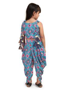 Shoryam Fashion Kids <b>Blue</b> Geometric Print Sleeveless <b>Crop</b> <b>Top</b> Dhoti Pants Stylish Ethnic Fully Stitched Party Wear Toddler Girls - Product Image 4