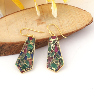 Pendientes de Moda para Mujer, Estilo Mohave, Mezcla de Colores, Cobre, Turquesa, Jade, Gancho, Baño de Oro de 18k, Engaste de Bisel, Pendientes Colgantes - Product Image 2