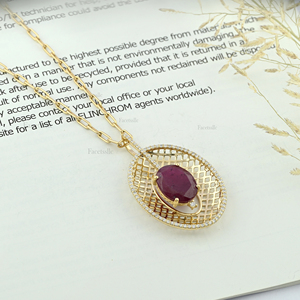 Collier pour femme en or jaune 18 carats avec pendentif en diamant naturel et rubis ovale, fait à la main, pour fiançailles, anniversaire, fabricant indien - Product Image 6