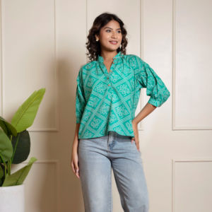 RANG MALHAR BANDHEJ bleu sarcelle 100% coton surdimensionné coupe ample haut Western pour femmes décontracté imprimé Style bouton imprimé débardeur - Product Image 1