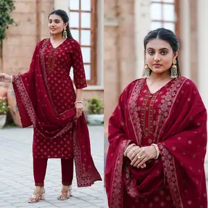 Nieuwe Ontwerpen Vrouwen 3 Set Indian Kurti Pant O-hals Driekwart Mouw Mode Gelegenheid Kleding Print Kurtisrtis