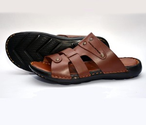 Men's Genuine <b>Leather</b> Slip-On Slides with Rubber Base Comfortable Summer Footwear Breathable <b>Leather</b> <b>Slippers</b> Wholesale OEM - Product Image 1
